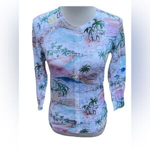 Talbots 3/4 Sleeve Cardigan Sweater Cotton Blend Tropical Print Women’s Size Sm.